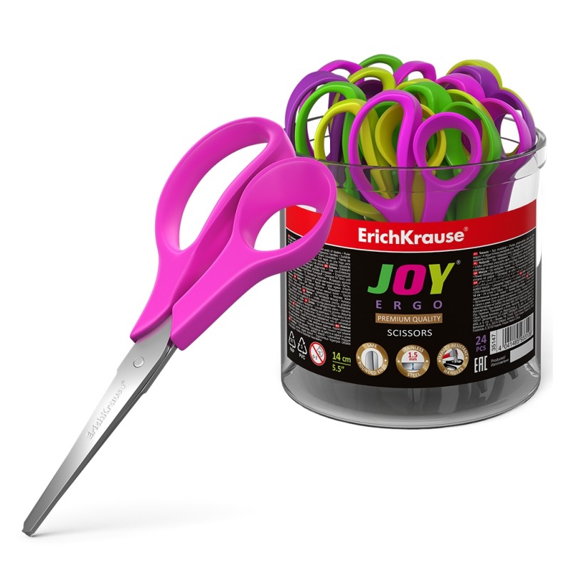 LOT de 24 Ciseaux Erichkrause Joy Ergo - Lames en acier inoxydable - Extrémités arrondies - Résistant à la corrosion - Poignées