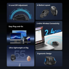 Souris sans fil ergonomique Vention pour droitiers - 6 boutons - 4000 dpi - Émetteur 2,4 GHz - Portée de 10 m - Fonctionne sur p