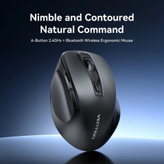 Souris sans fil ergonomique Vention pour droitiers - 6 boutons - 4000 dpi - Bluetooth - Portée de 10 m - Fonctionne sur piles -