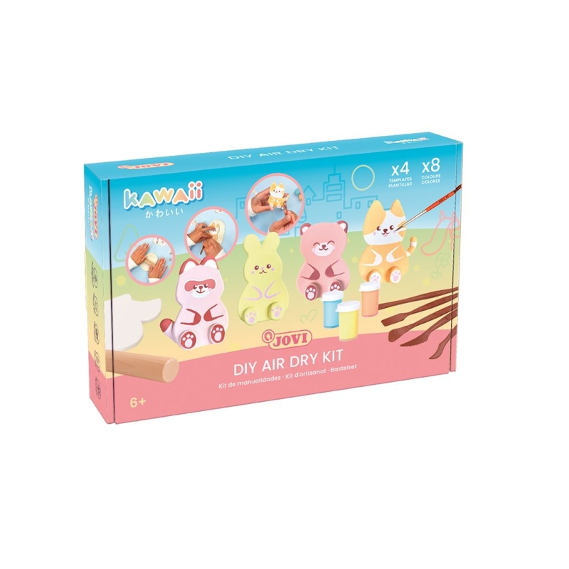 Kit Jovi Kawaii à séchage à l'air libre avec pâte durcissante 500 g + 4 pochoirs + peintures + accessoires - Facile à modeler -