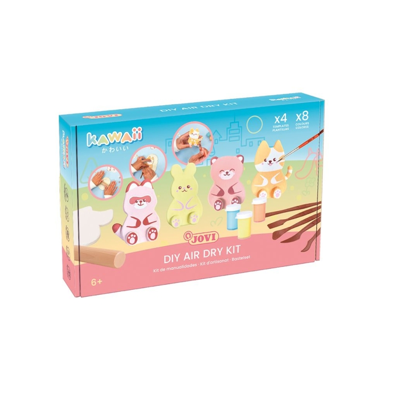 Kit Jovi Kawaii à séchage à l'air libre avec pâte durcissante 500 g + 4 pochoirs + peintures + accessoires - Facile à modeler -