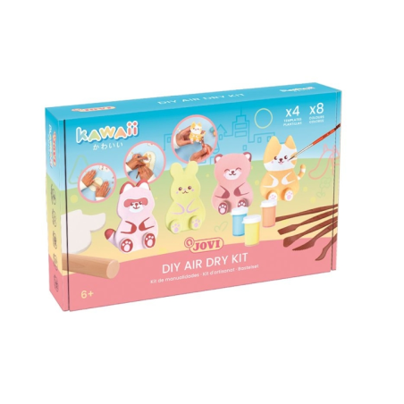 Kit Jovi Kawaii à séchage à l'air libre avec pâte durcissante 500 g + 4 pochoirs + peintures + accessoires - Facile à modeler -