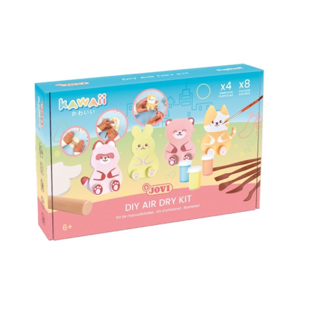 Kit Jovi Kawaii à séchage à l'air libre avec pâte durcissante 500 g + 4 pochoirs + peintures + accessoires - Facile à modeler -