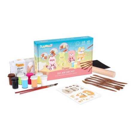 Kit Jovi Kawaii à séchage à l'air libre avec pâte durcissante 500 g + 4 pochoirs + peintures + accessoires - Facile à modeler -