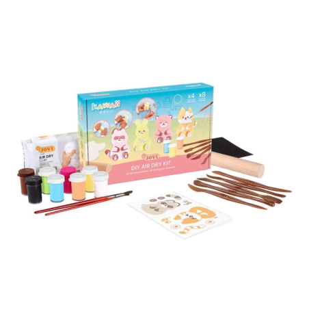 Kit Jovi Kawaii à séchage à l'air libre avec pâte durcissante 500 g + 4 pochoirs + peintures + accessoires - Facile à modeler -