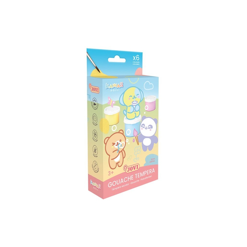 Coffret Jovi Kawaii avec 6 pots de peinture tempera (35 ml) + pinceau - Séchage rapide - Excellente adhérence - Prêt à l'emploi