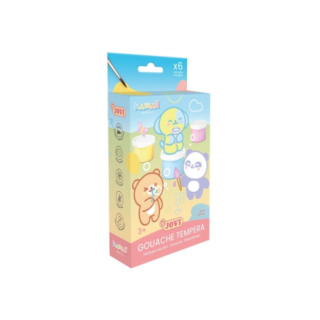 Coffret Jovi Kawaii avec 6 pots de peinture tempera (35 ml) + pinceau - Séchage rapide - Excellente adhérence - Prêt à l'emploi