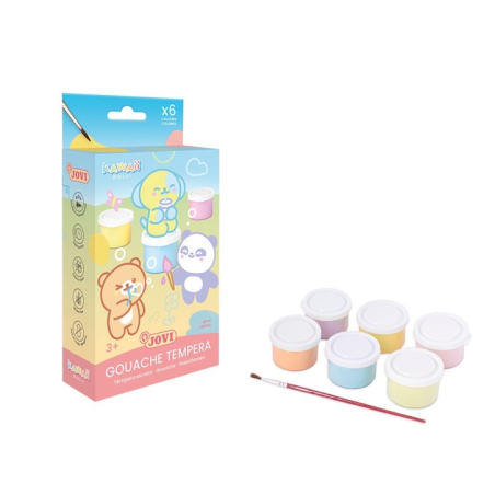 Coffret Jovi Kawaii avec 6 pots de peinture tempera (35 ml) + pinceau - Séchage rapide - Excellente adhérence - Prêt à l'emploi