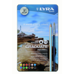 Lyra Graduate Pack de 12 crayons de couleur aquarelle avec 1 pinceau inclus - Hexagonal - Étui en métal - Couleurs assorties