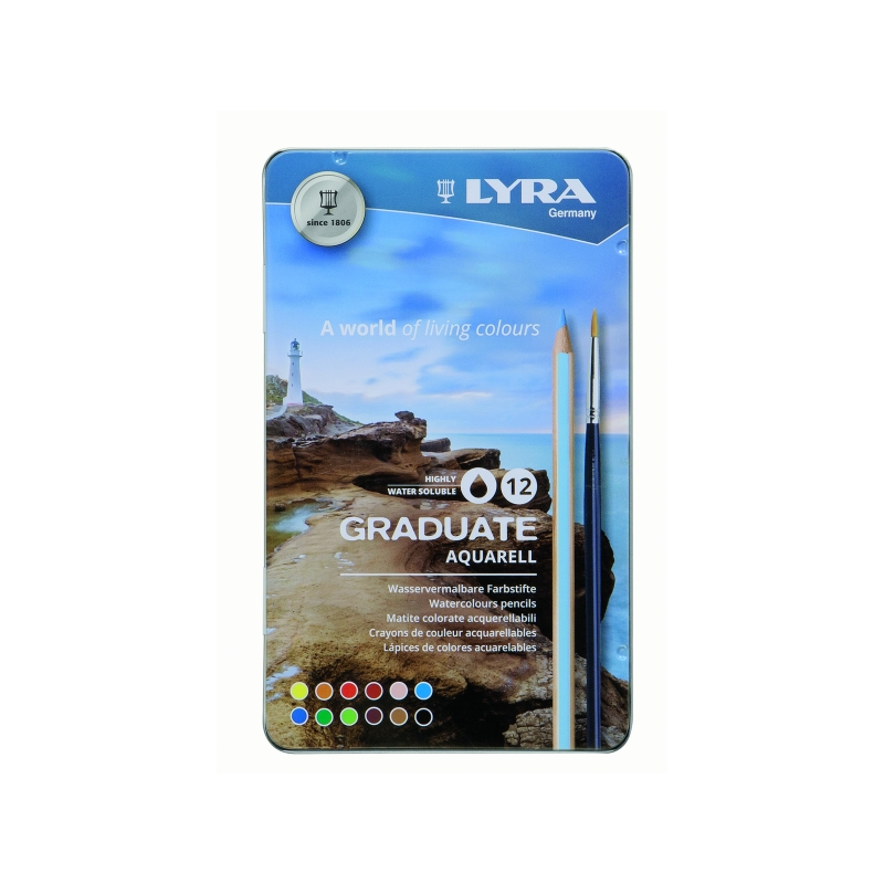 Lyra Graduate Pack de 12 crayons de couleur aquarelle avec 1 pinceau inclus - Hexagonal - Étui en métal - Couleurs assorties