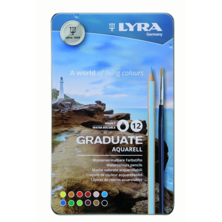 Lyra Graduate Pack de 12 crayons de couleur aquarelle avec 1 pinceau inclus - Hexagonal - Étui en métal - Couleurs assorties