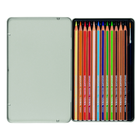 Lyra Graduate Pack de 12 crayons de couleur aquarelle avec 1 pinceau inclus - Hexagonal - Étui en métal - Couleurs assorties