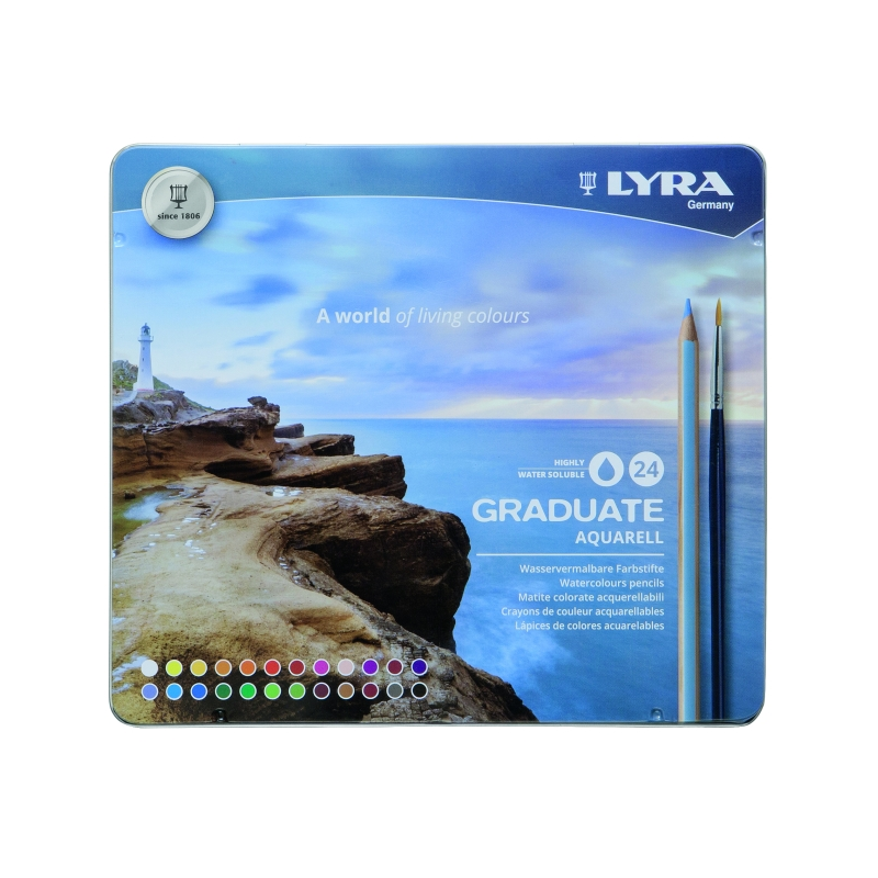 Lyra Graduate Pack de 24 crayons aquarellables avec 1 pinceau inclus - Hexagonal - Étui en métal - Couleurs assorties