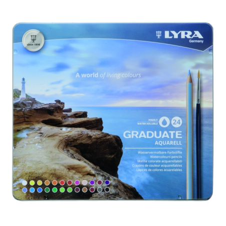 Lyra Graduate Pack de 24 crayons aquarellables avec 1 pinceau inclus - Hexagonal - Étui en métal - Couleurs assorties