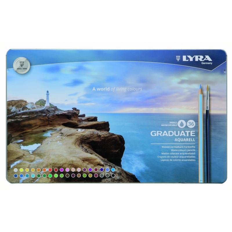 Lyra Graduate Pack de 36 crayons aquarellables avec 1 pinceau inclus - Hexagonal - Étui en métal - Couleurs assorties