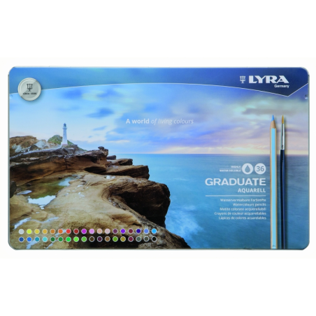Lyra Graduate Pack de 36 crayons aquarellables avec 1 pinceau inclus - Hexagonal - Étui en métal - Couleurs assorties