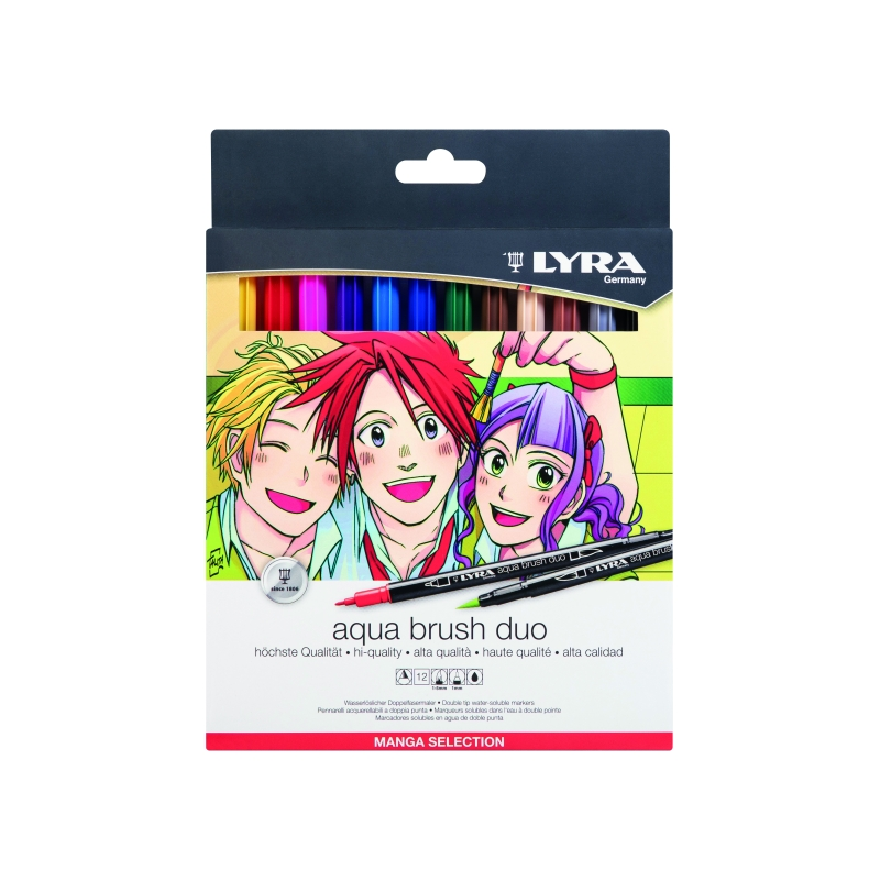 Lyra Aqua Brush Duo Manga Pack de 12 marqueurs pinceaux - Rond - Double pointe - Pinceau et pointe fine - Couleurs assorties