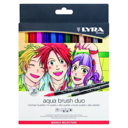 Lyra Aqua Brush Duo Manga Pack de 12 marqueurs pinceaux - Rond - Double pointe - Pinceau et pointe fine - Couleurs assorties