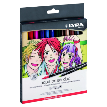 Lyra Aqua Brush Duo Manga Pack de 12 marqueurs pinceaux - Rond - Double pointe - Pinceau et pointe fine - Couleurs assorties