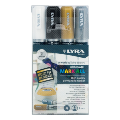 Marqueurs permanents Lyra Mark All, lot de 4 – Multi-surfaces – Pointe ronde – 2 mm – Couleurs blanc, or et argent