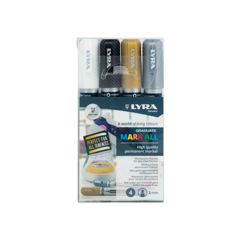 Marqueurs permanents Lyra Mark All, lot de 4 – Multi-surfaces – Pointe ronde – 2 mm – Couleurs blanc, or et argent