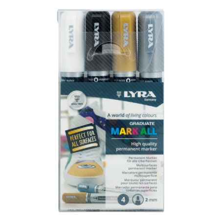 Marqueurs permanents Lyra Mark All, lot de 4 – Multi-surfaces – Pointe ronde – 2 mm – Couleurs blanc, or et argent