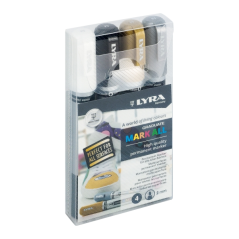 Marqueurs permanents Lyra Mark All, lot de 4 – Multi-surfaces – Pointe ronde – 2 mm – Couleurs blanc, or et argent