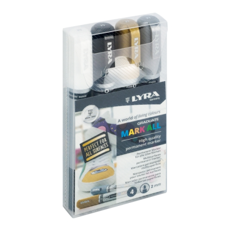 Marqueurs permanents Lyra Mark All, lot de 4 – Multi-surfaces – Pointe ronde – 2 mm – Couleurs blanc, or et argent