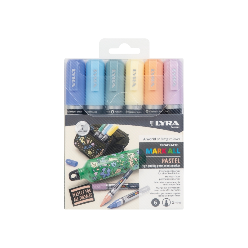 Marqueurs permanents Lyra Mark All, lot de 6 – Multisurfaces – Pointe ronde – 2 mm – Boîte de 6 unités – Couleurs pastel