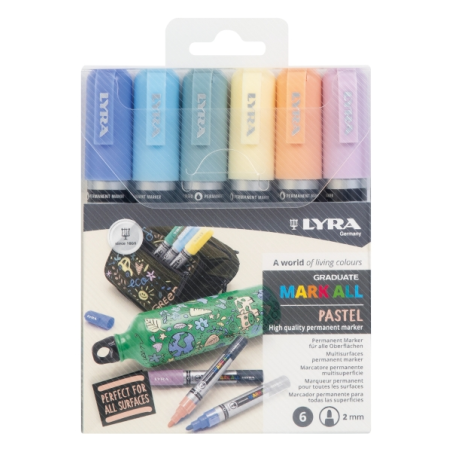Marqueurs permanents Lyra Mark All, lot de 6 – Multisurfaces – Pointe ronde – 2 mm – Boîte de 6 unités – Couleurs pastel