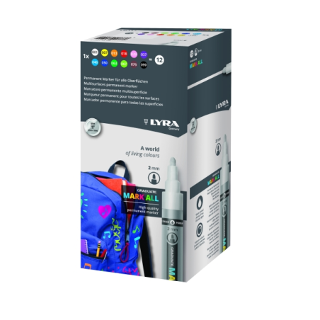 Marqueurs permanents Lyra Mark All, lot de 12 – Multisurfaces – Pointe ronde – 2 mm – Couleurs assorties