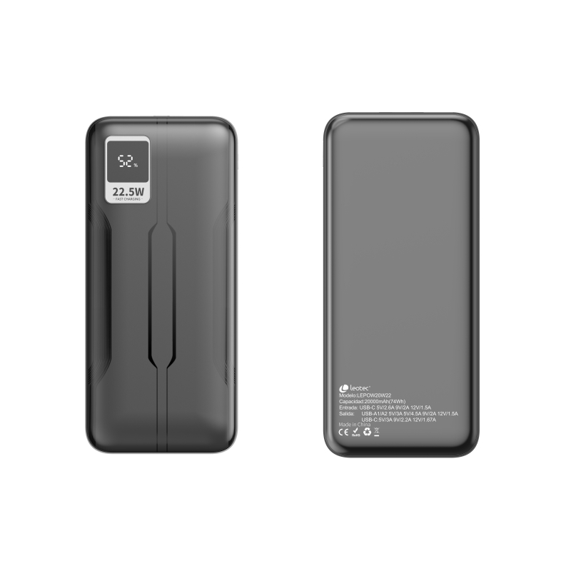 Batterie externe Leotec 20 000 mAh PD 22,5 W - Couleur noire
