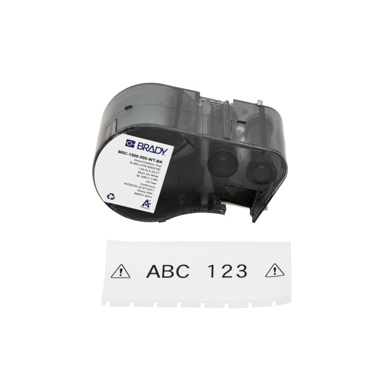 Étiquettes en vinyle Brady M5C-1500-595-WT-BK d'origine - Texte noir sur fond blanc - Largeur : 38,10 mm longueur : 7,62 m