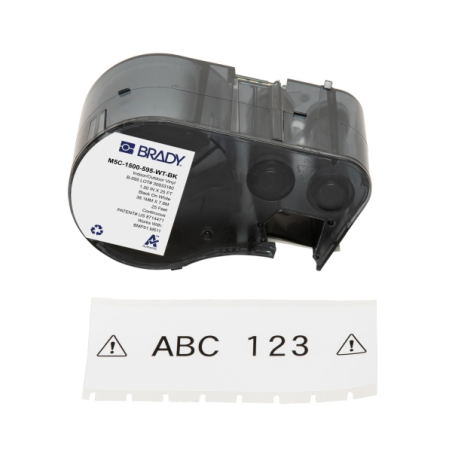 Étiquettes en vinyle Brady M5C-1500-595-WT-BK d'origine - Texte noir sur fond blanc - Largeur : 38,10 mm longueur : 7,62 m