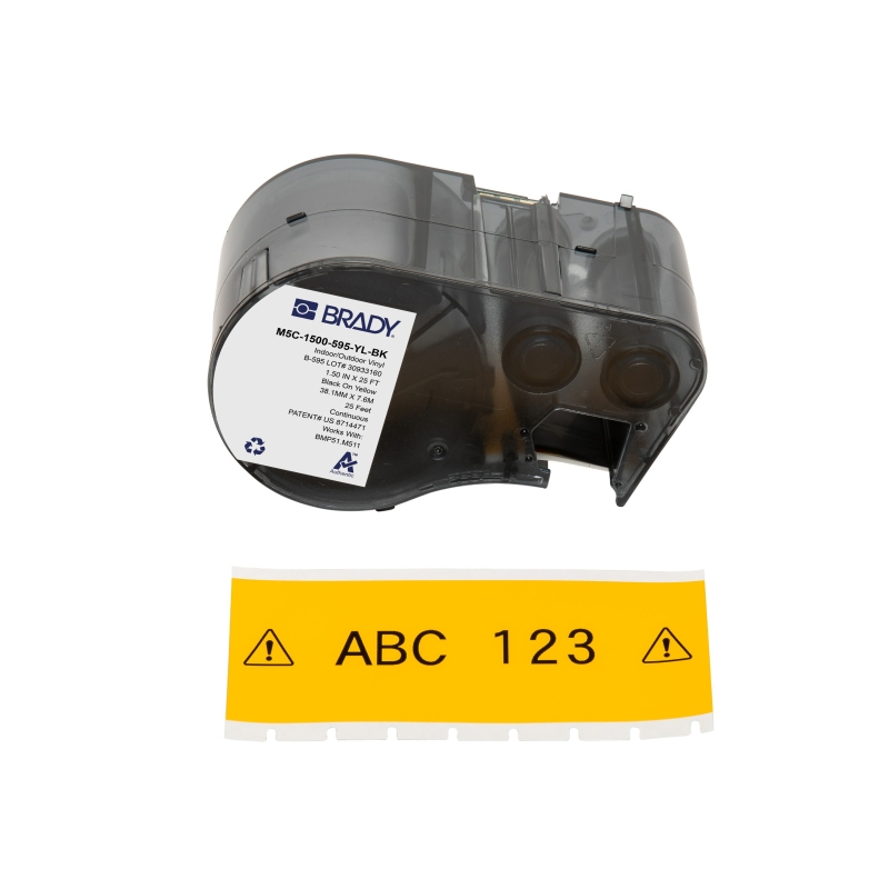 Étiquettes en vinyle Brady M5C-1500-595-YL-BK d'origine - Texte noir sur fond jaune - Largeur : 38,10 mm longueur : 7,62 m