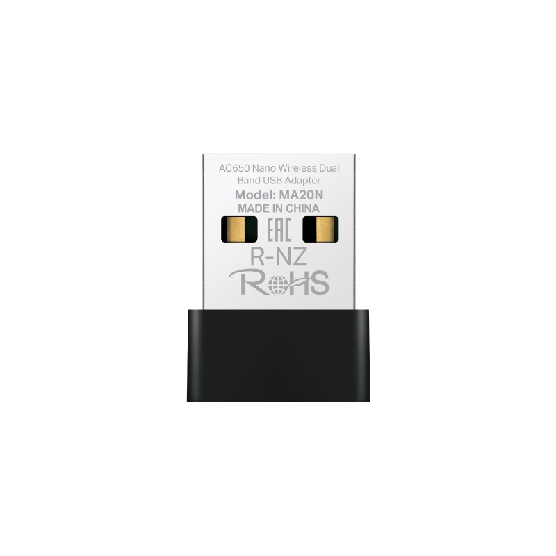 Adaptateur Wi-Fi double bande USB Mercusys MA20N AC650 - Jusqu'à 433 Mbit/s en 5 GHz, jusqu'à 200 Mbit/s en 2,4 GHz - Noir