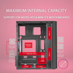 Mars Gaming MC300 Boîtier Gaming Compact - Fenêtre en Verre Trempé - 3 Ventilateurs FRGB - Grille Avant TOTAL-MESH - Support Mic