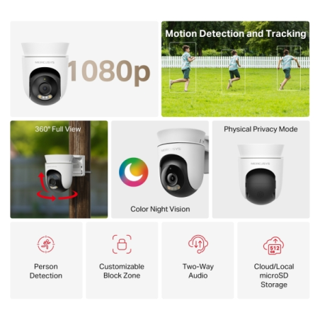 Caméra de sécurité WiFi intelligente Mercusys MC500 FHD - Adaptée à une utilisation extérieure - Vue panoramique à 360° - Vision
