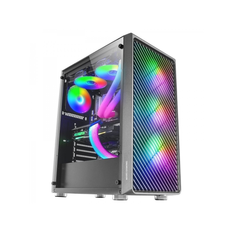 Mars Gaming MC-F Mid-Tower Gaming - 4 Ventilateurs ARGB - Verre Trempé - Support Refroidissement Liquide - Gestion des Câbles -