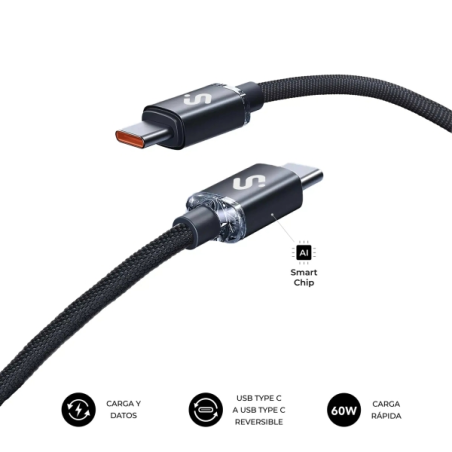 Câble USB-C Subblim Optimus - 60 W - Nylon tressé - 480 Mbps - 2 mètres - Noir
