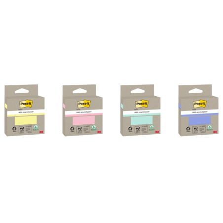 Bloc de 100 notes autocollantes recyclées Post-It - Forme carrée - Couleurs assorties