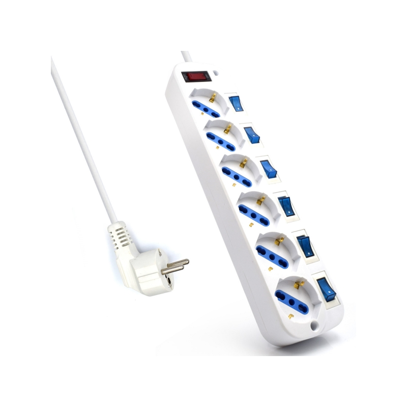 Multiprise Ewent EW3932 avec 6 prises - Protection contre les surtensions - Interrupteurs individuels. Couleur blanche