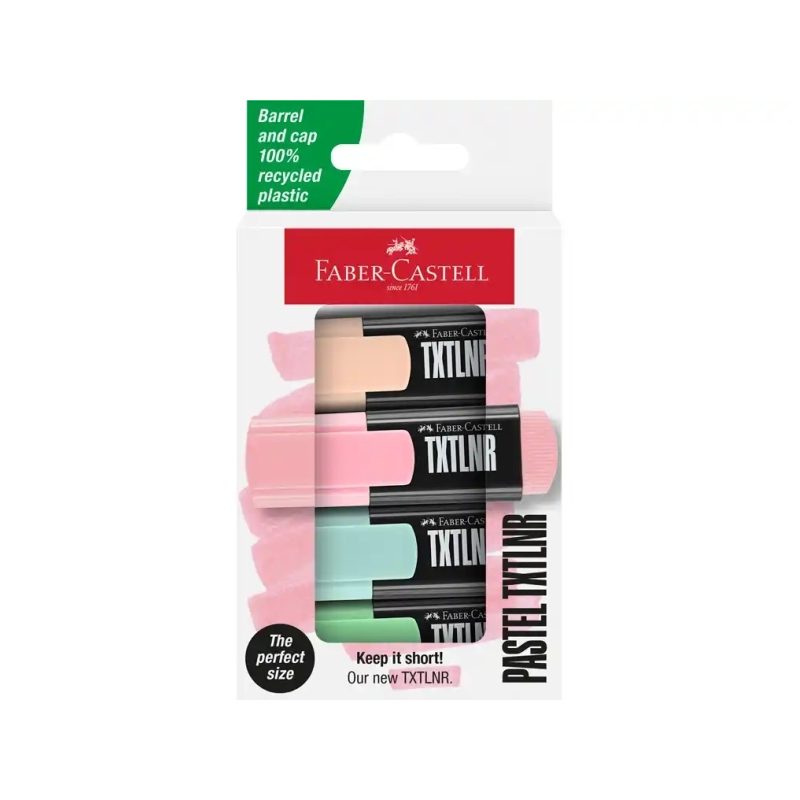 Lot de 4 marqueurs fluorescents Faber-Castell TXTLNR - Pointe biseautée - Tailles de trait 1, 2 et 5 mm - Encre à base d'eau