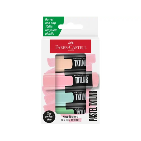 Lot de 4 marqueurs fluorescents Faber-Castell TXTLNR - Pointe biseautée - Tailles de trait 1, 2 et 5 mm - Encre à base d'eau