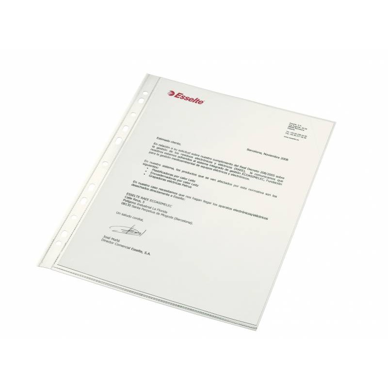 Esselte Porte-Documents A4 - PP - Verre Extra Lisse Qualité Luxe - Multi-Trou-11 - Boîte 100 - Transparent
