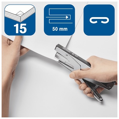 Agrafeuse à pince Rapid E10 - Jusqu'à 15 feuilles - Pour agrafes n° 10 - Agrafage fermé - Couleur chrome/noir