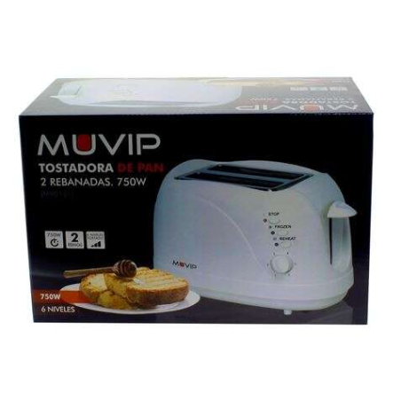 Grille Pain Muvip 750W - Capacité pour 2 Tranches - 6 Niveaux de Grillage - Fonction Chaleur, Décongélation et Réchauffage - Arr