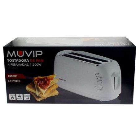Grille Pain Muvip 1300W - Capacité pour 4 Tranches - 6 Niveaux de Grillage - Fonction Chaleur, Décongélation et Réchauffage - Ar