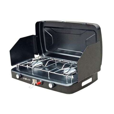 Muvip Cuisinière à Gaz 2 Brûleurs + Pare Vent - Pare Vent - Base Antidérapante - Couleur Noir