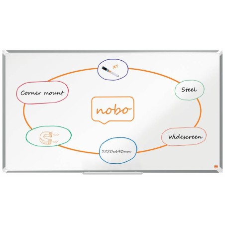 ✅ Nobo Premium Plus Tableau Blanc Magnétique Panoramique Acier Laqué 1220x690mm - Montage en Angle - Blanc cou en stock